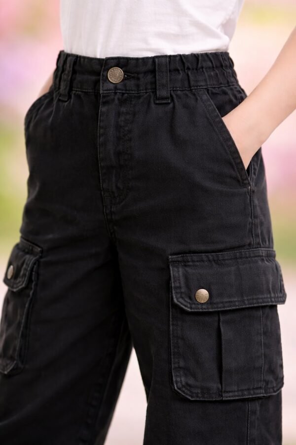 Kız Çocuk Siyah Kargo Cepli Bol Paça Keten Pantolon rahat ve şık çocuk giyim - Gorsel 3