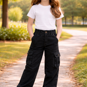 Kız Çocuk Siyah Kargo Cepli Bol Paça Keten Pantolon rahat ve şık çocuk giyim