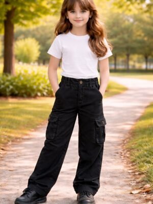 Kız Çocuk Siyah Kargo Cepli Bol Paça Keten Pantolon rahat ve şık çocuk giyim