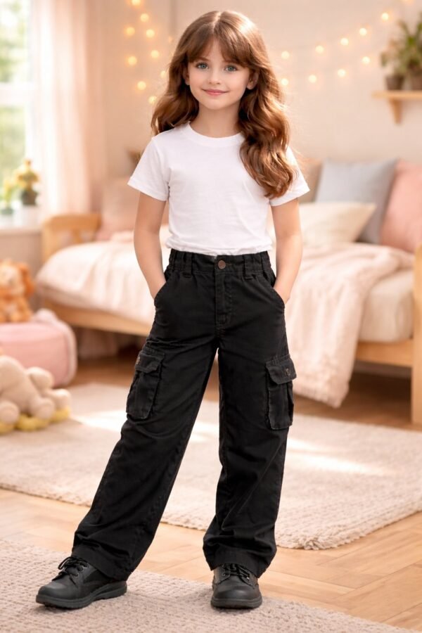 Kız Çocuk Siyah Kargo Cepli Bol Paça Keten Pantolon rahat ve şık çocuk giyim - Gorsel 2