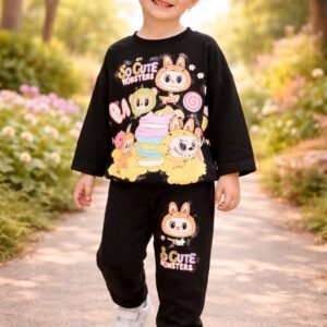 Kız Çocuk Siyah Monster Desenli Takım 3-10 Yaş