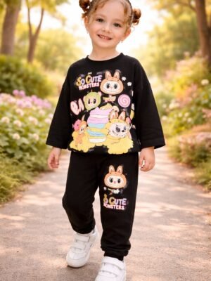 Kız Çocuk Siyah Monster Desenli Takım rahat ve hareket özgürlüğü sağlayan günlük giyim