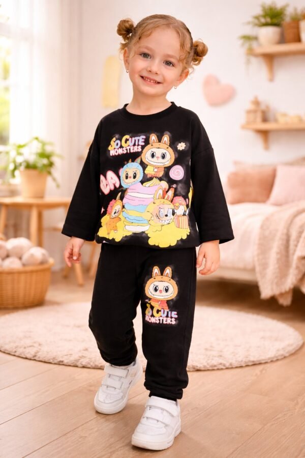 Kız Çocuk Siyah Monster Desenli Takım rahat ve hareket özgürlüğü sağlayan günlük giyim - Gorsel 2
