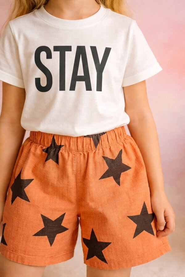 Kız Çocuk Stay Positive Tişört Takım beyaz renk kısa kollu ve şort seti, rahat ve dayanıklı kumaş - Gorsel 3