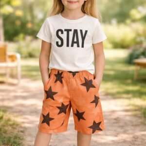 Kız Çocuk Stay Positive Tişört Takım beyaz renk kısa kollu ve şort seti, rahat ve dayanıklı kumaş