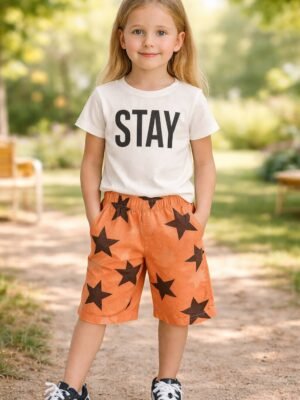Kız Çocuk Stay Positive Tişört Takım beyaz renk kısa kollu ve şort seti, rahat ve dayanıklı kumaş
