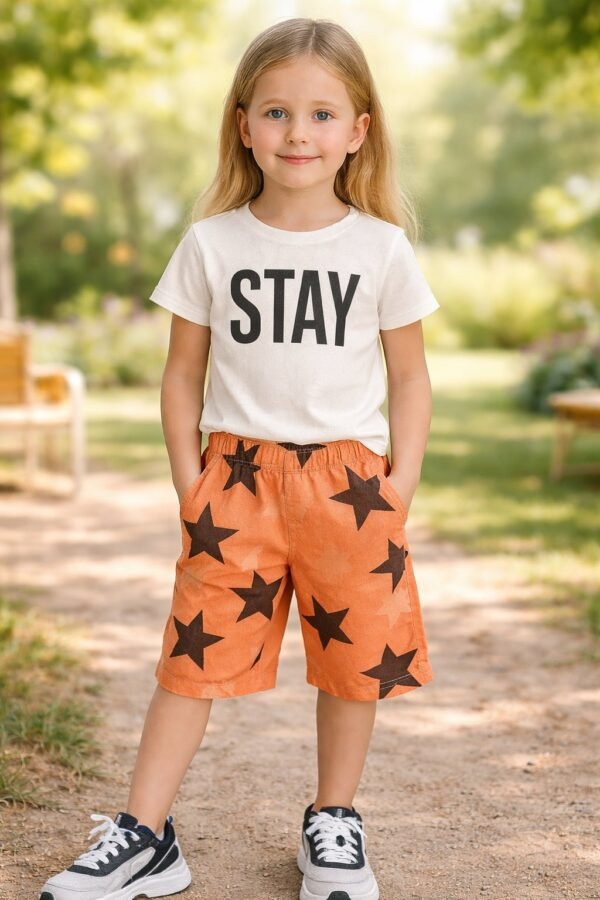 Kız Çocuk Stay Positive Tişört Takım beyaz renk kısa kollu ve şort seti, rahat ve dayanıklı kumaş