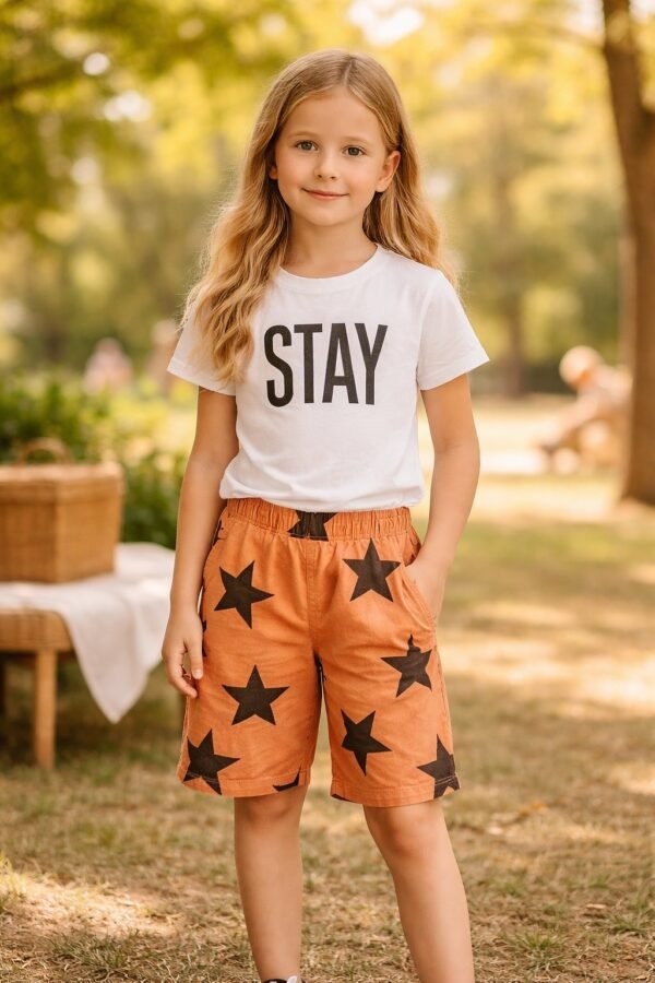 Kız Çocuk Stay Positive Tişört Takım beyaz renk kısa kollu ve şort seti, rahat ve dayanıklı kumaş - Gorsel 2