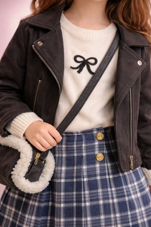 Kız Çocuk Süet Ceketli Çantalı Body Etek Takım, rahat ve şık, lacivert renk - Gorsel 3