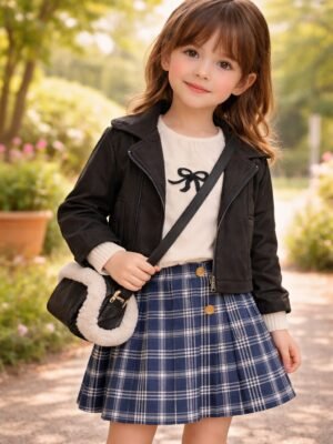 Kız Çocuk Süet Ceketli Çantalı Body Etek Takım, rahat ve şık, lacivert renk