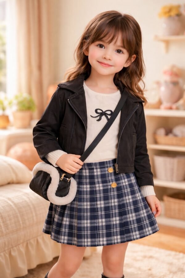 Kız Çocuk Süet Ceketli Çantalı Body Etek Takım, rahat ve şık, lacivert renk - Gorsel 2