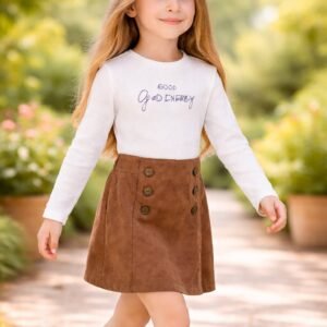 Kız Çocuk Süet Takım Uzun Kollu Beli Lastikli Düğme Detaylı, Kız Giyim, rahat ve şık