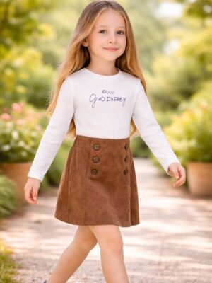 Kız Çocuk Süet Takım Uzun Kollu Beli Lastikli Düğme Detaylı, Kız Giyim, rahat ve şık