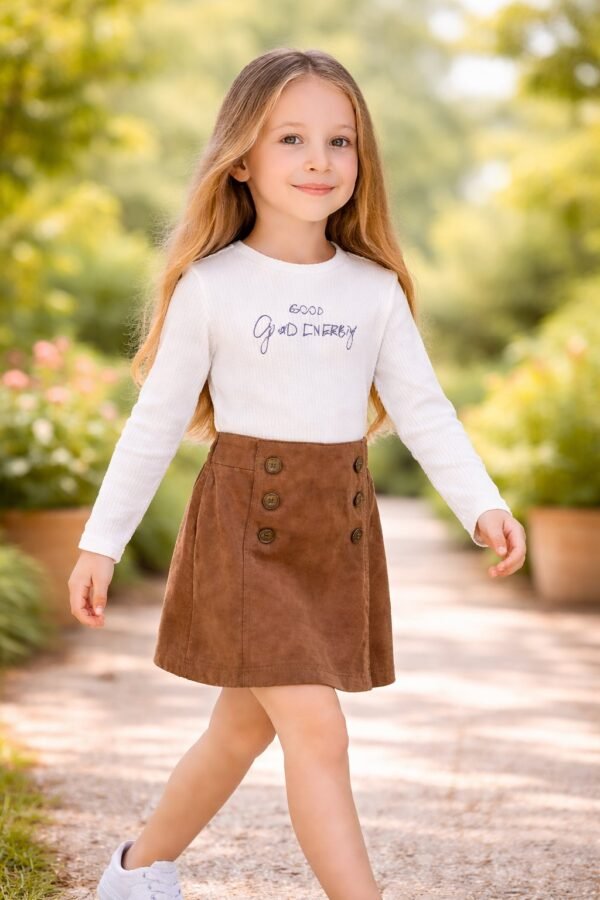 Kız Çocuk Süet Takım Uzun Kollu Beli Lastikli Düğme Detaylı, Kız Giyim, rahat ve şık