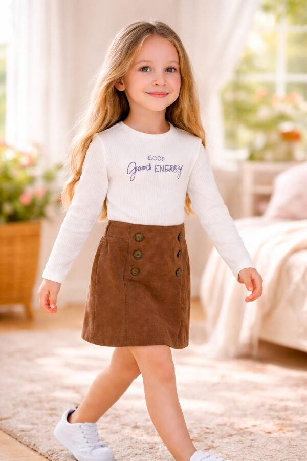 Kız Çocuk Süet Takım Uzun Kollu Beli Lastikli Düğme Detaylı, Kız Giyim, rahat ve şık - Gorsel 2