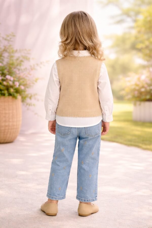 Kız Çocuk taş işlemeli triko süveter gömlek kot pantolon takımı rahat ve şık - Gorsel 4