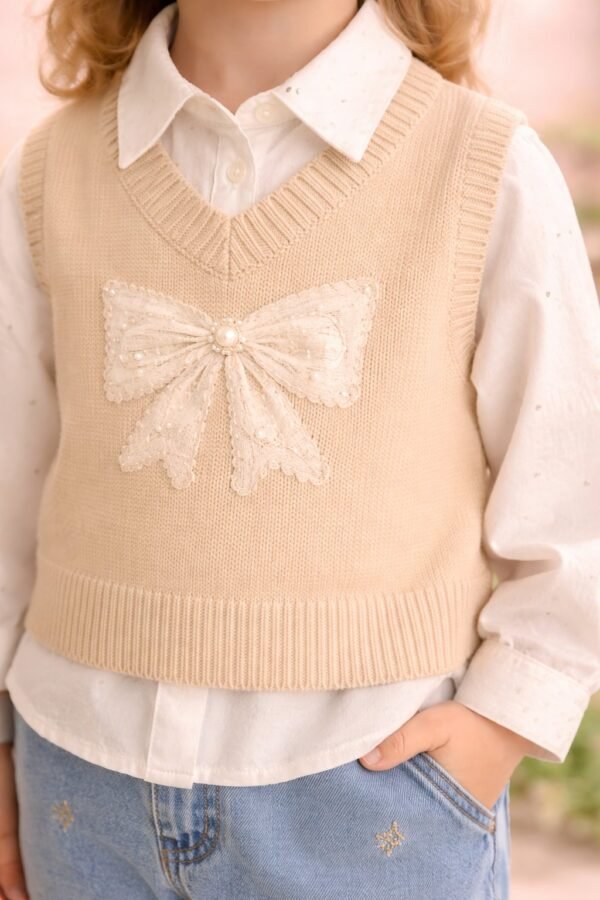 Kız Çocuk taş işlemeli triko süveter gömlek kot pantolon takımı rahat ve şık - Gorsel 3