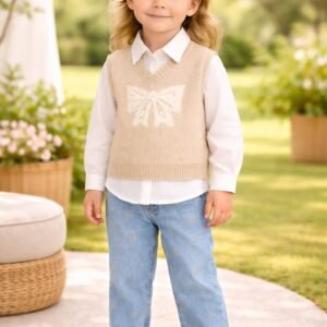 Kız Çocuk taş işlemeli triko süveter gömlek kot pantolon takımı rahat ve şık