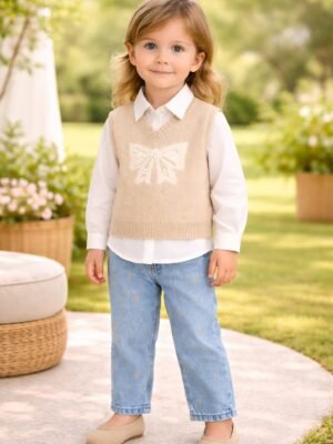 Kız Çocuk taş işlemeli triko süveter gömlek kot pantolon takımı rahat ve şık