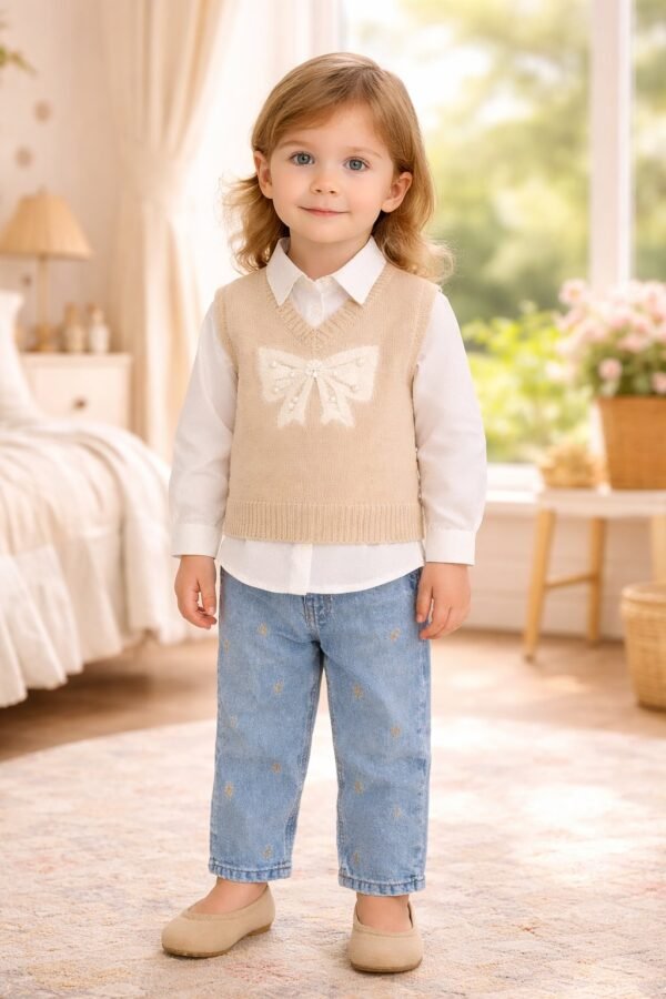 Kız Çocuk taş işlemeli triko süveter gömlek kot pantolon takımı rahat ve şık - Gorsel 2