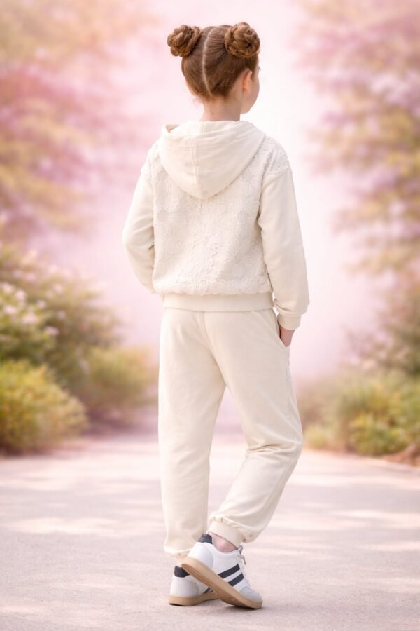 Kız Çocuk Tüllü Çiçek Nakışlı Kapşonlu Fermuarlı Eşofman Takımı, rahat ve şık - Gorsel 4