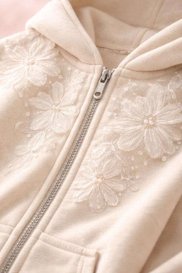 Kız Çocuk Tüllü Çiçek Nakışlı Kapşonlu Fermuarlı Eşofman Takımı, rahat ve şık - Gorsel 3