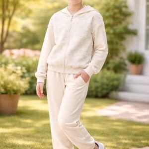 Kız Çocuk Tüllü Çiçek Nakışlı Kapşonlu Fermuarlı Eşofman Takımı, rahat ve şık