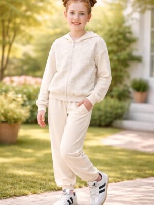 Kız Çocuk Tüllü Çiçek Nakışlı Kapşonlu Fermuarlı Eşofman Takımı, rahat ve şık