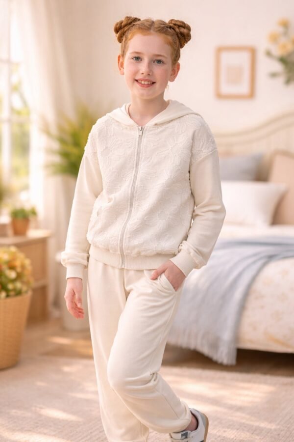 Kız Çocuk Tüllü Çiçek Nakışlı Kapşonlu Fermuarlı Eşofman Takımı, rahat ve şık - Gorsel 2