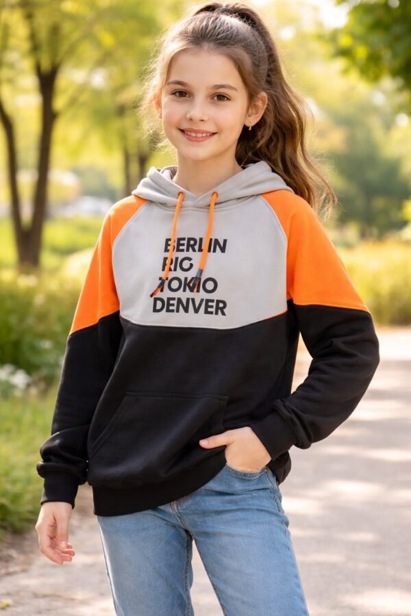 Kız Çocuk Turuncu Uzun Sweatshirt Rahat Kesim Şık Tasarım - Kız Çocuk Giyim