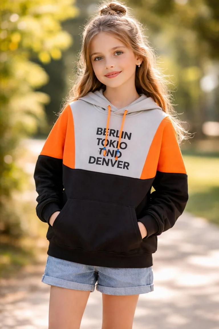 Kız Çocuk Turuncu Uzun Sweatshirt Rahat Kesim Şık Tasarım - Kız Çocuk Giyim - Gorsel 2