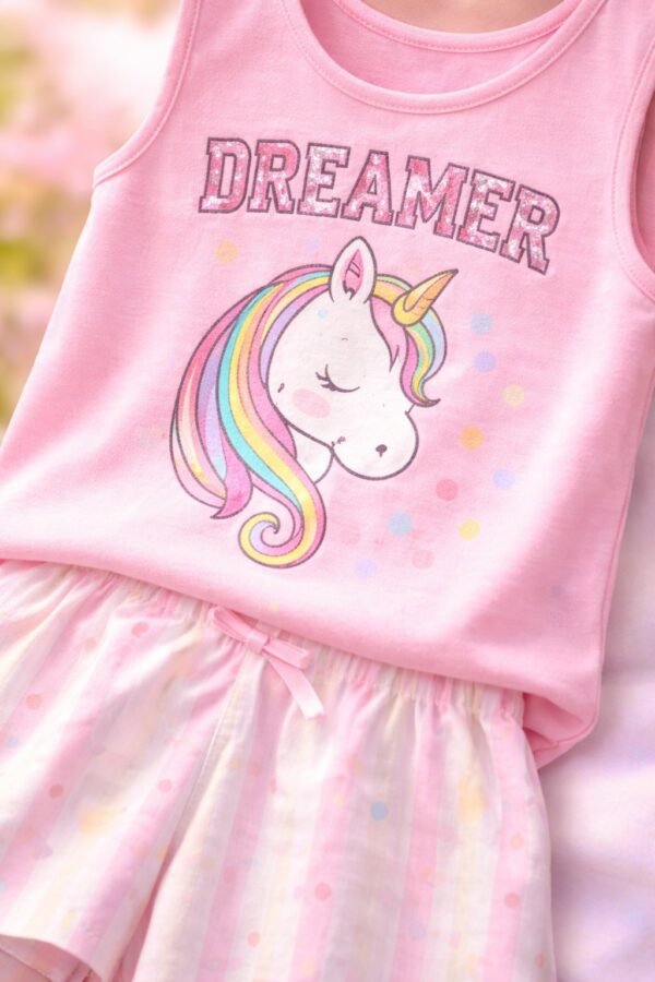 Kız Çocuk Unicorn Baskılı Dreamer Yazılı Kolsuz Pijama Takımı - Kız Çocuk Giyim - Gorsel 3