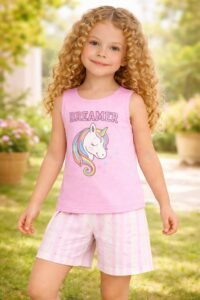 Kız Çocuk Unicorn Baskılı Dreamer Yazılı Lısa Kollu Kaprili Pijama Takımı