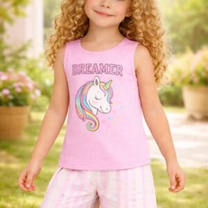 Kız Çocuk Unicorn Baskılı Dreamer Yazılı Kolsuz Pijama Takımı - Kız Çocuk Giyim