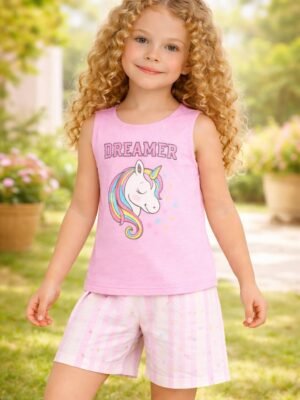 Kız Çocuk Unicorn Baskılı Dreamer Yazılı Kolsuz Pijama Takımı - Kız Çocuk Giyim