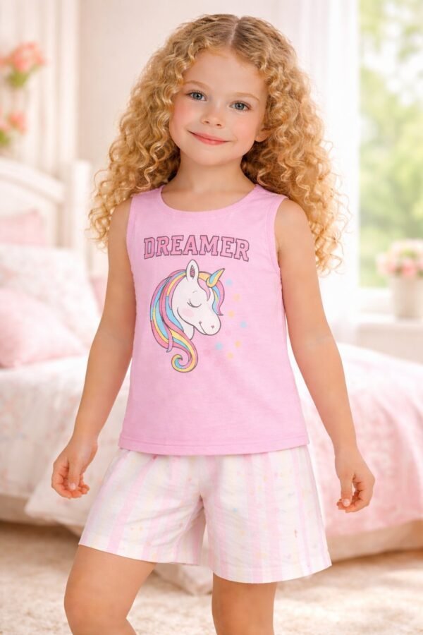 Kız Çocuk Unicorn Baskılı Dreamer Yazılı Kolsuz Pijama Takımı - Kız Çocuk Giyim - Gorsel 2
