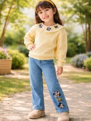 Kız Çocuk Minnie Nakışlı Uzun Kollu Kot Pantolon Takım - Rahat ve Şık Tasarım