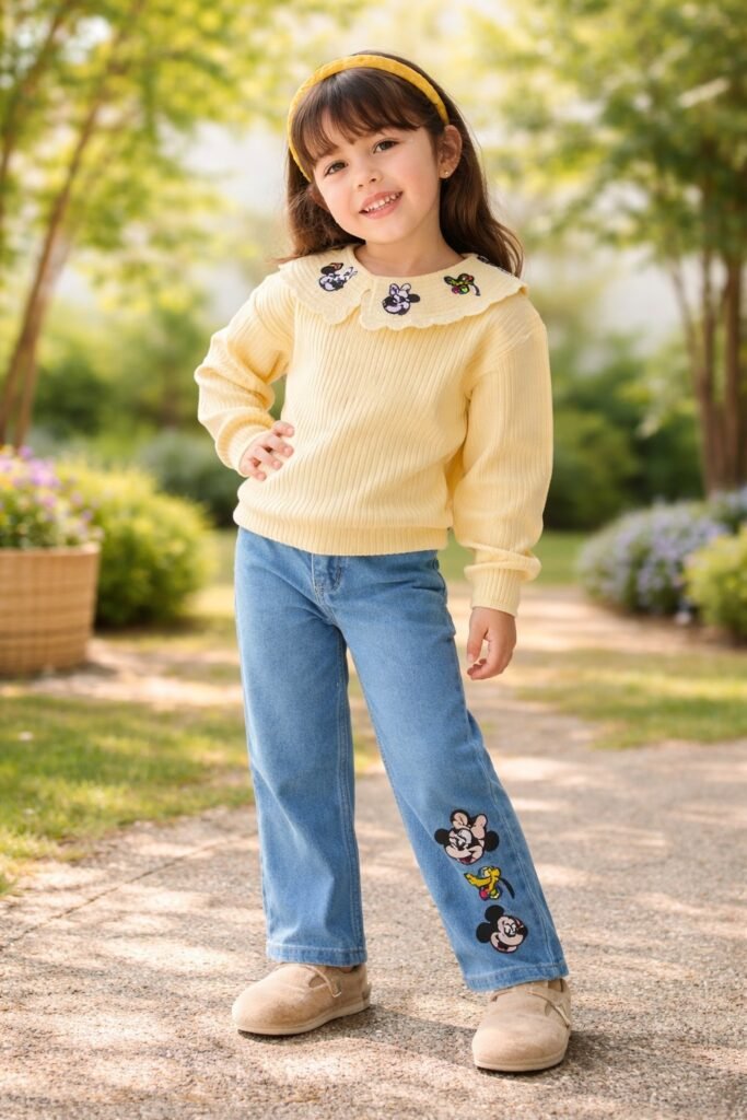 Kız Çocuk Minnie Nakışlı Uzun Kollu Kot Pantolon Takım - Rahat ve Şık Tasarım