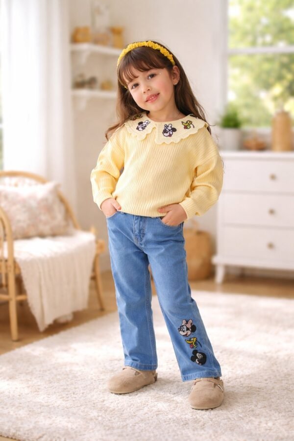 Kız Çocuk Minnie Nakışlı Uzun Kollu Kot Pantolon Takım - Rahat ve Şık Tasarım - Gorsel 2