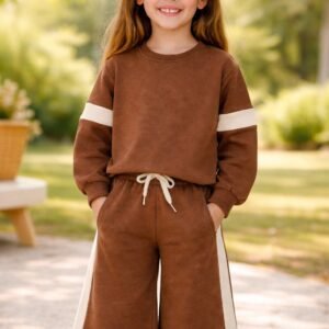Kız Çocuk Yanı Şeritli Bol Paçalı Kahverengi Eşofman Takımı