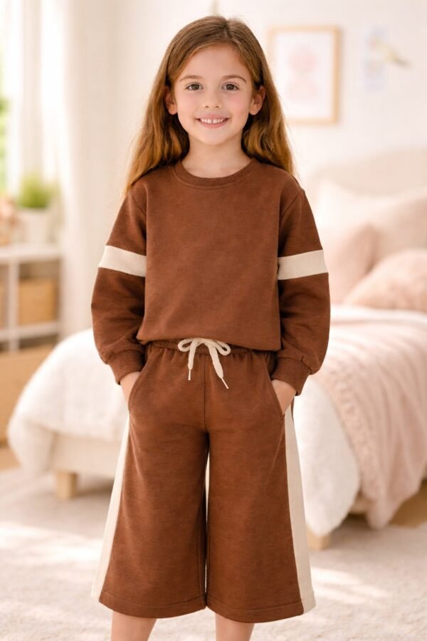 Kız Çocuk Yanı Şeritli Bol Paçalı Kahverengi Eşofman Takımı rahat hareket özgürlüğü - Gorsel 2