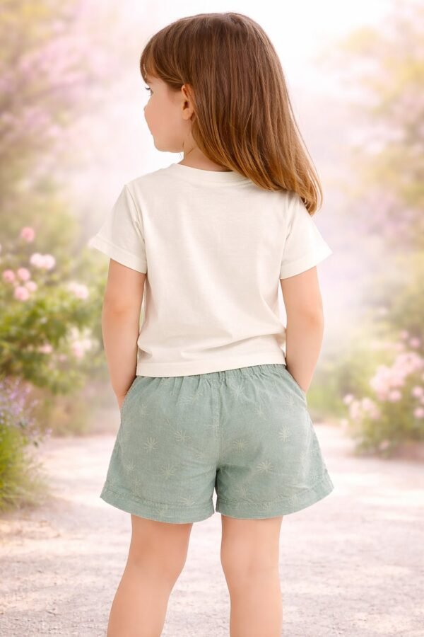 Kız Çocuk Yazlık Kısa Kollu Tişört ve Keten Şort Takım, rahat ve yazlık, krem renkli, çocuk giyim - Gorsel 4