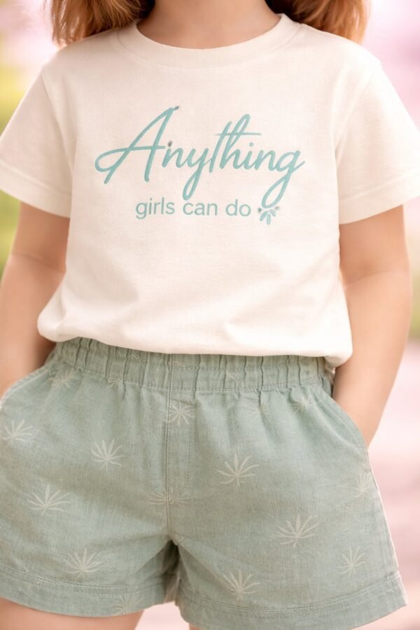 Kız Çocuk Yazlık Kısa Kollu Tişört ve Keten Şort Takım, rahat ve yazlık, krem renkli, çocuk giyim - Gorsel 3
