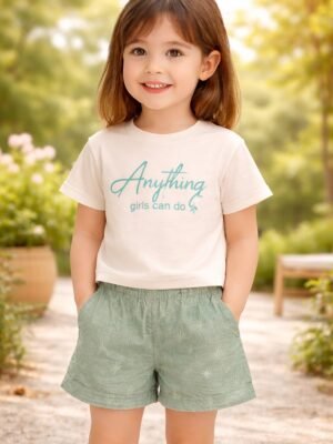 Kız Çocuk Yazlık Kısa Kollu Tişört ve Keten Şort Takım, rahat ve yazlık, krem renkli, çocuk giyim