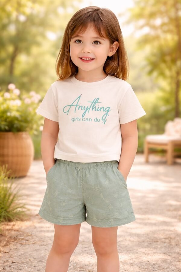 Kız Çocuk Yazlık Kısa Kollu Tişört ve Keten Şort Takım, rahat ve yazlık, krem renkli, çocuk giyim - Gorsel 2