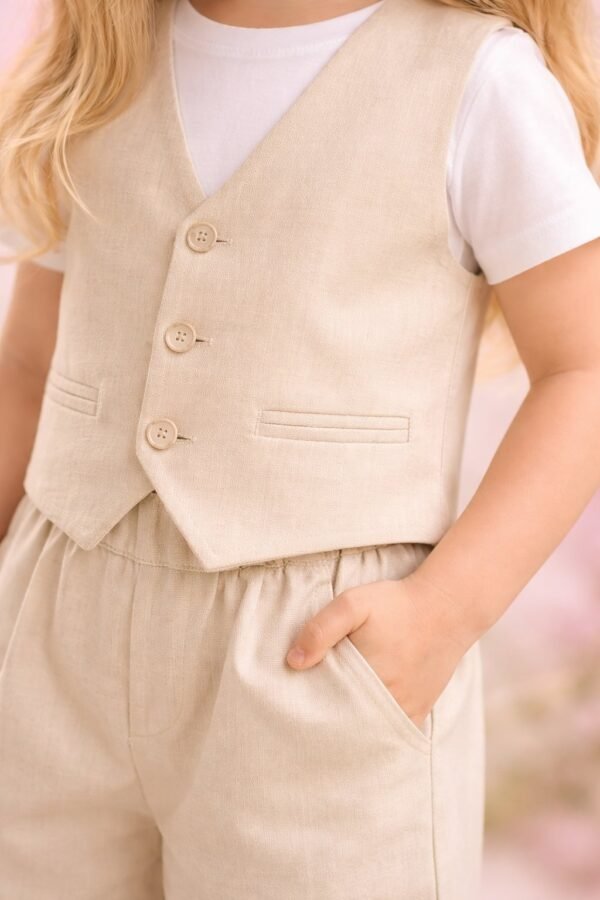 Kız Çocuk Yelekli Kısa Kol Tişörtü ve Pantolon Takımı, krem renk, rahat ve dayanıklı - Gorsel 3