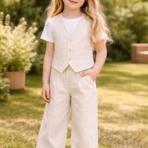 Kız Çocuk Yelekli Kısa Kol Tişörtlü Krem Renk Pantolon Takım