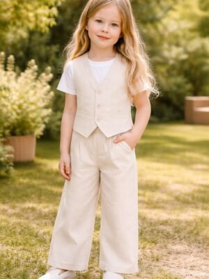 Kız Çocuk Yelekli Kısa Kol Tişörtü ve Pantolon Takımı, krem renk, rahat ve dayanıklı