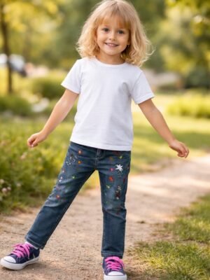 Kız Çocuk Kot Pantolon Yıldız Desenli Rahat Günlük Giyim