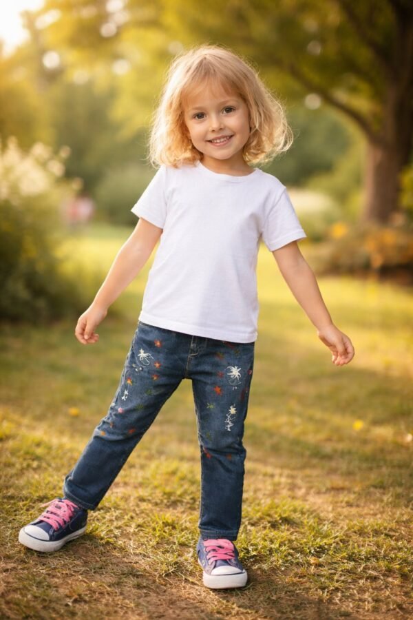 Kız Çocuk Kot Pantolon Yıldız Desenli Rahat Günlük Giyim - Gorsel 2